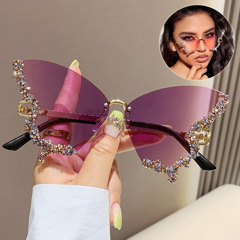 Luxury Diamond Butterfly Sunglasses for Women – Y2K Rimless Oversized Vintage Gradient Shades