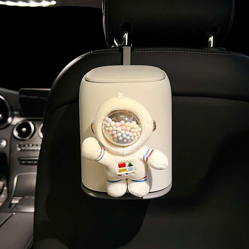 Cute Astronaut Car Trash Can Mini Press-Lid Garbage Bin for Center Console Space-Themed Car Accessories