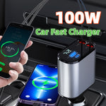 100W Metal Car Charger Super Fast Charging USB & Type-C Cigarette Lighter Adapter with Retractable Cable